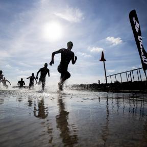Eine Gruppe Sportler läuft aus dem Wasser. 