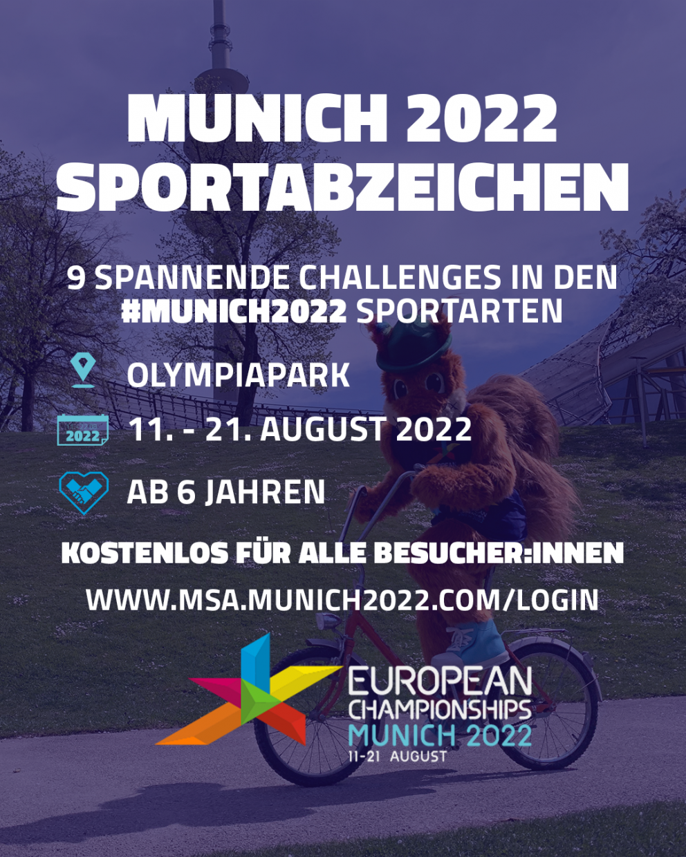 Infotext zum Sportabzeichen bei den European Championships auf lila Grund