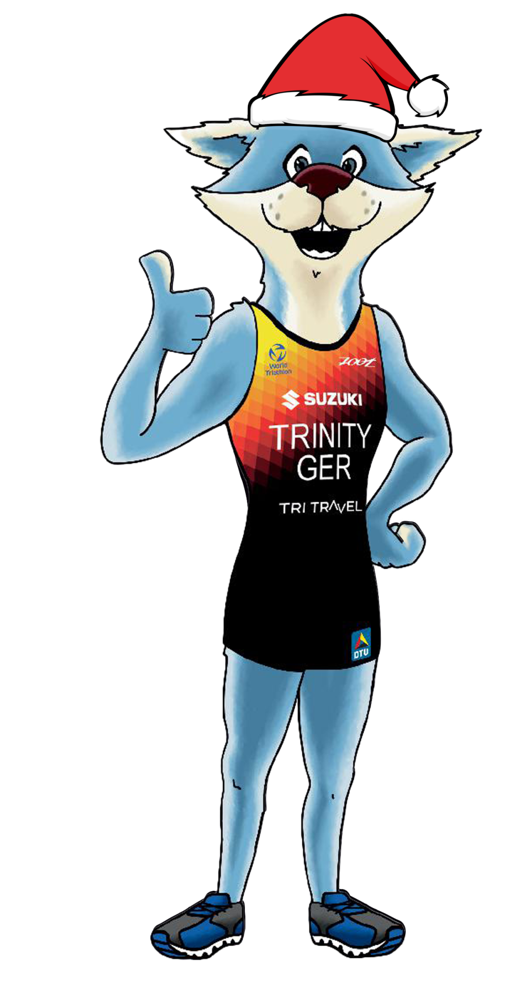 Das Maskottchen mit einer roten Weihnachtsmütze