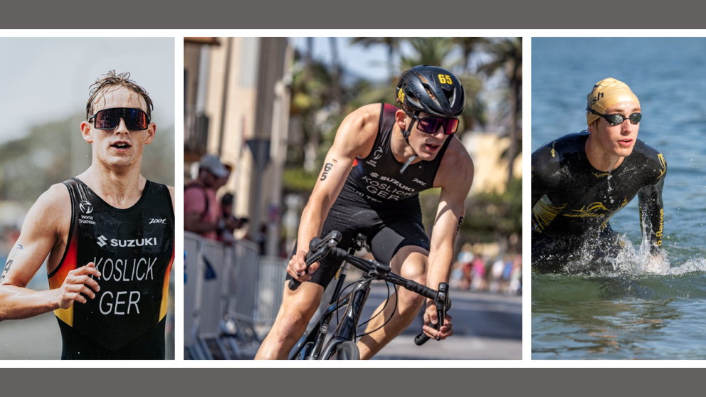 drei Bilder von jungem Athlet beim Laufen, Radfahren und Schwimmen