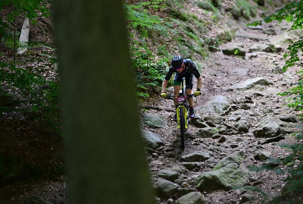Mann fährt mit MTB durch den Wald 