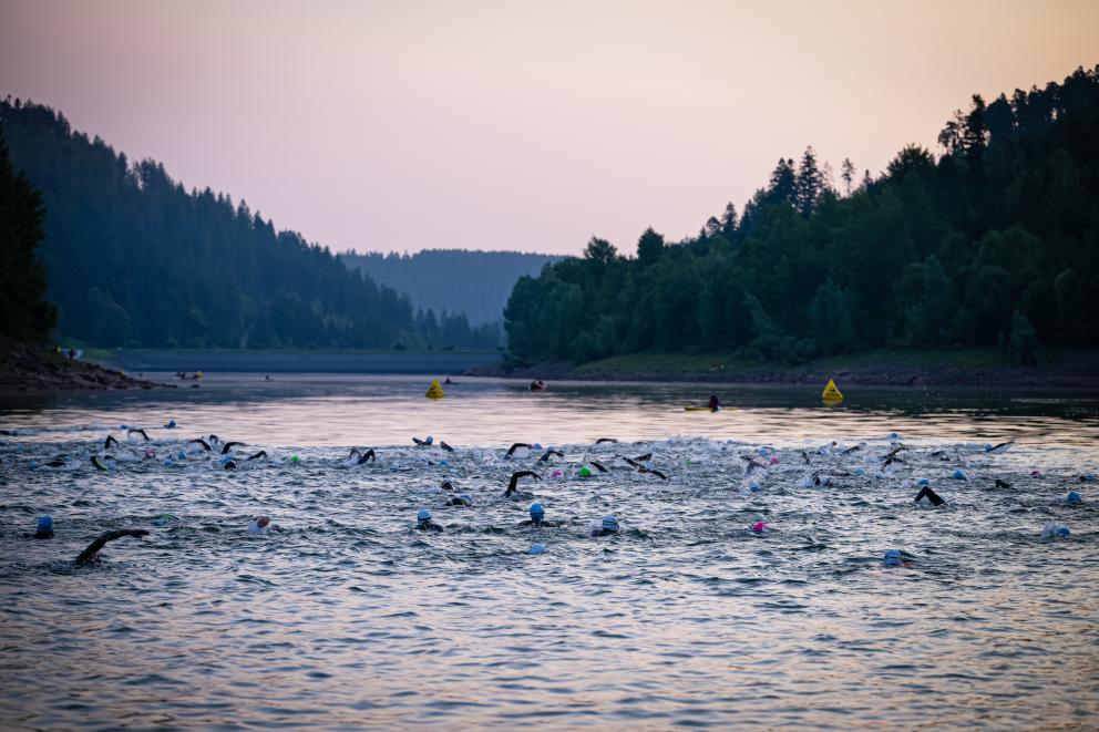 Triathletinnen und Triathleten schwimmen zur morgendlichen Zeit