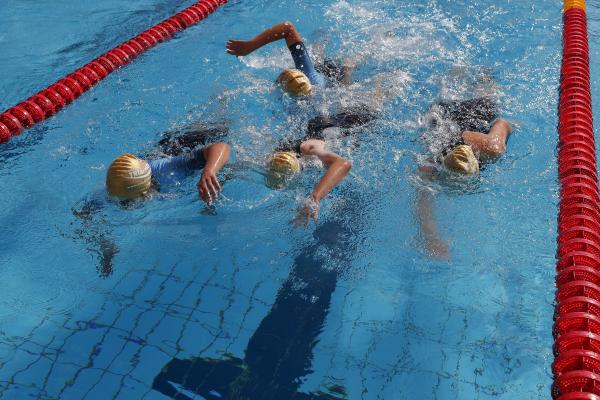 Vier Jugendliche beim Kraulschwimmen auf einer Bahn