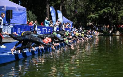Mehrere Triathleten springen beim Start eines Startes nebeneinander mit einem Kopfsprun ins Wasser